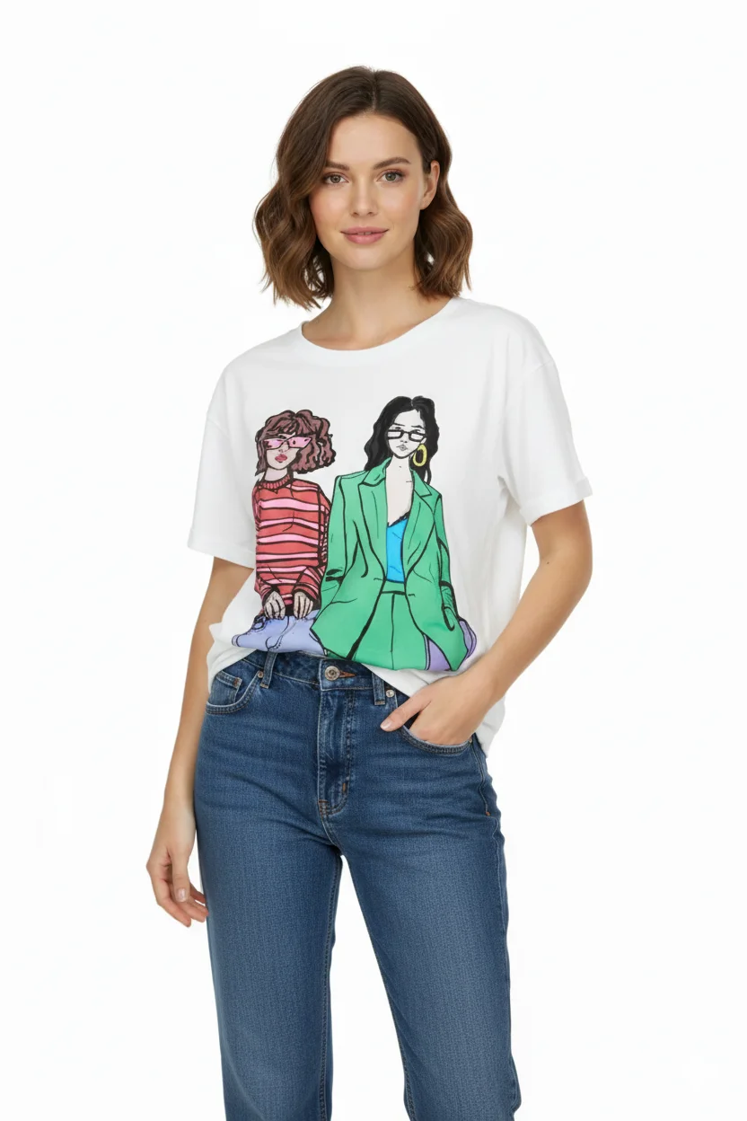 Tricou damă din bumbac, cu imprimeu ,,Girls'' - culoare alb