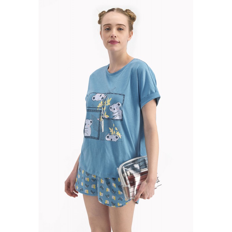 Pijamale damă cu tricou cu mânecă scurtă și pantaloni scurți, imprimeu urs panda, blue