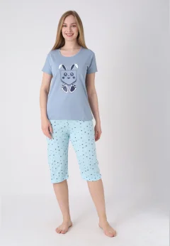 Pijama damă cu model de Paște, gri – tricou bumbac și pantaloni 3/4