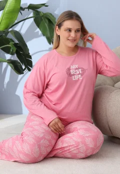 Pijama damă big size roz închis, imprimeu My Best Life, 100% bumbac