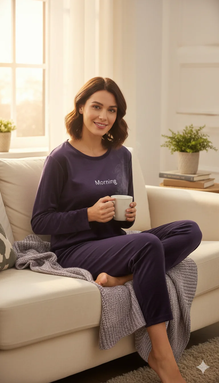 Pijama damă toamnă-iarnă mov din catifea cu imprimeu „Morning”