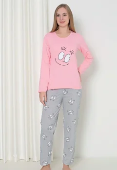 Pijama damă cu mânecă lungă și pantaloni lungi, imprimeu ,,Happy Face'', culoare roz