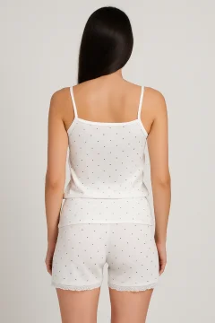 Pijama damă maiou și short – bretele subțiri, dantelă delicată, croială lejeră, imprimeu cu puncte negre