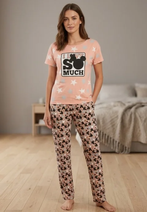 Pijama Dama din Bumbac cu Maneca Scurtă și Pantaloni Lungi – Set cu Imprimeu „I Love You So Much”