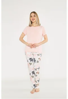 Pijama damă,  bluză cu mânecă scurtă și decolteu rotund, pantaloni lungi cu imprimeu floral, culoare crem