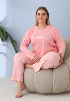 Pijama damă big size roz piersică, imprimeu Happy Saturday, 100% bumbac