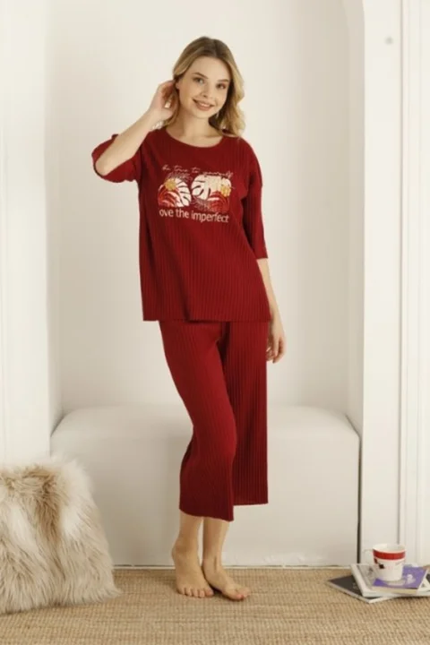 Pijama damă, culoare bordo, imprimeu Imperfect