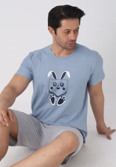 Pijama bărbați Paște, Albastru Deschis– tricou bumbac 100% și pantaloni 3/4