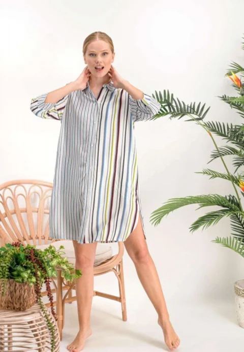 Rochie damă până la genunchi cu guler clasic și mânecă 3/4, model în dungi multicolore