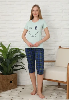 Pijama familie-damă, bumbac, mânecă scurtă și pantaloni 3/4, culoare verde