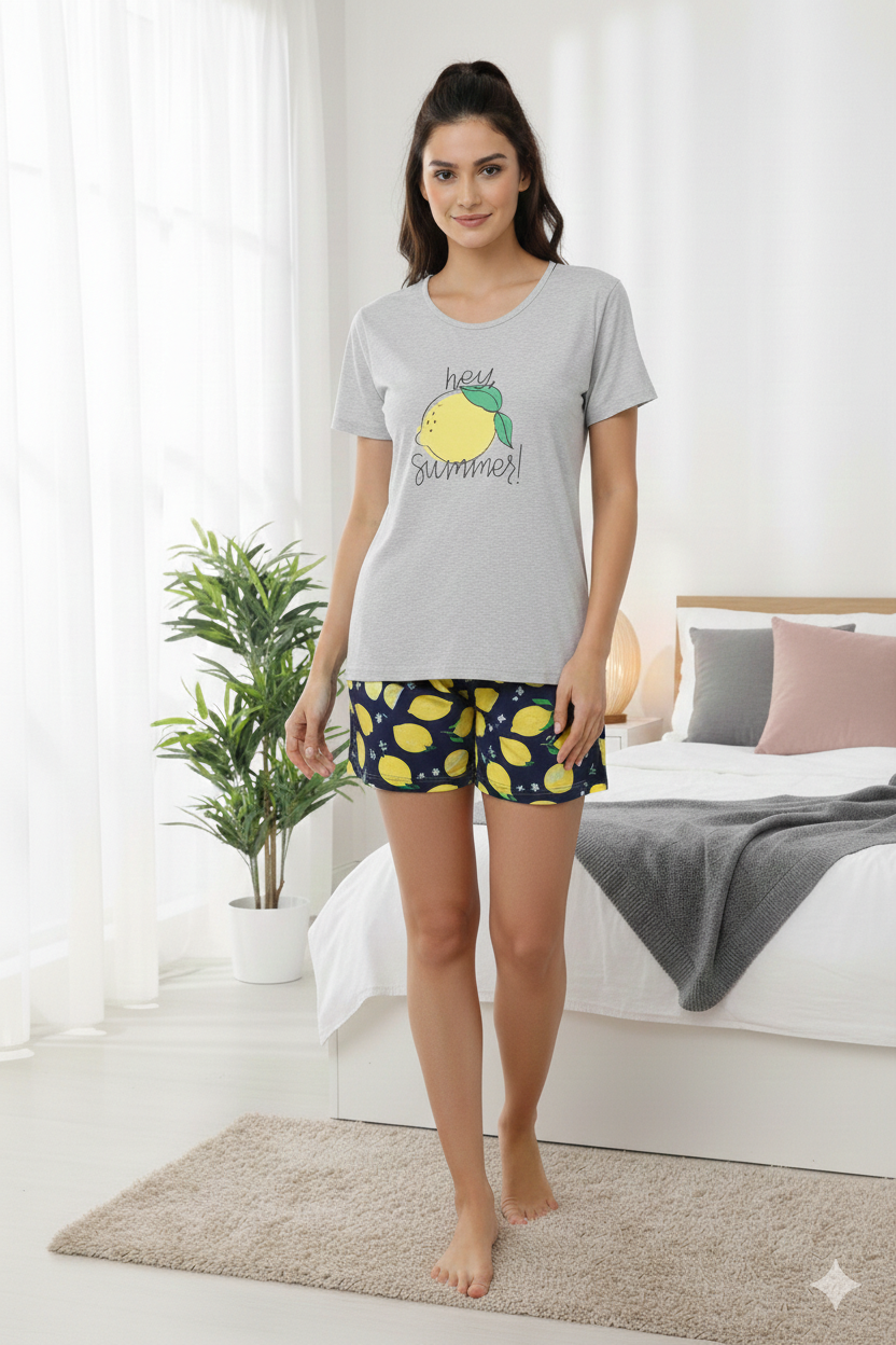 Pijama dama Big Size din bumbac, imprimeu ,,Hey Summer!'', maneca scurta si scurti, gri