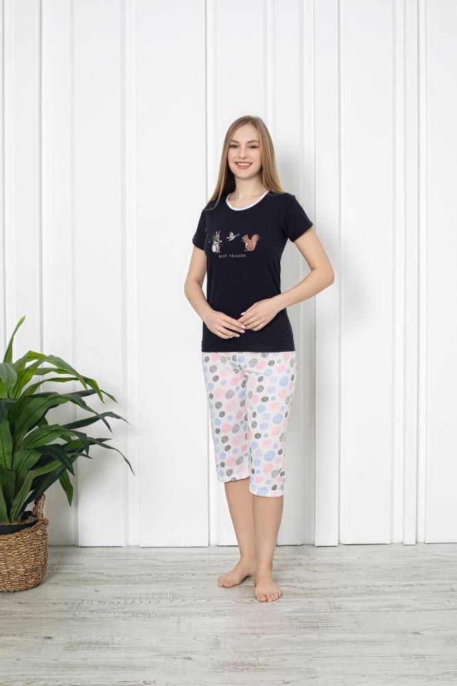 Pijama dama din bumbac, imprimeu ,,Best Friends'', maneca scurta si pantaloni 3/4, negru
