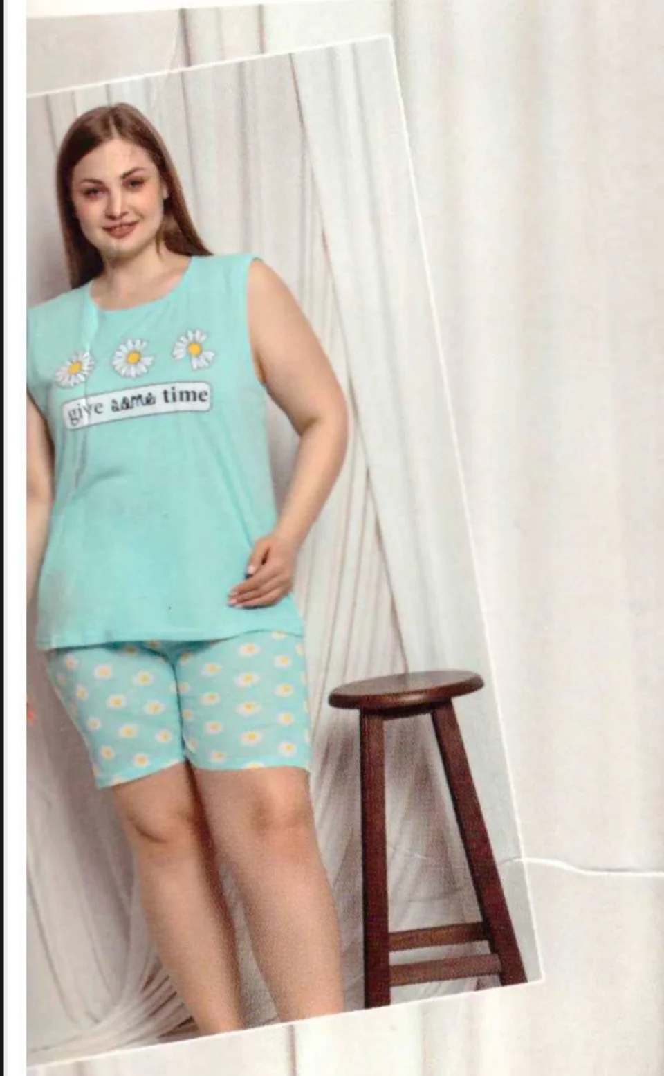 Pijama damă big size din bumbac, tricou și pantaloni scurți, imprimeu Give Some Time, blue