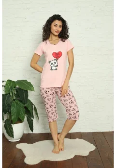 Pijama dama din bumbac cu imprimeu "Don’t forget to smile", maneca scurta si pantaloni 3/4, roz deschis