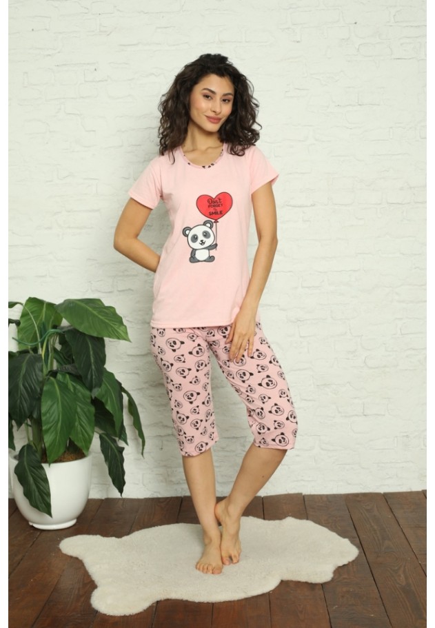 Pijama dama din bumbac cu imprimeu "Don’t forget to smile", maneca scurta si pantaloni 3/4, roz deschis