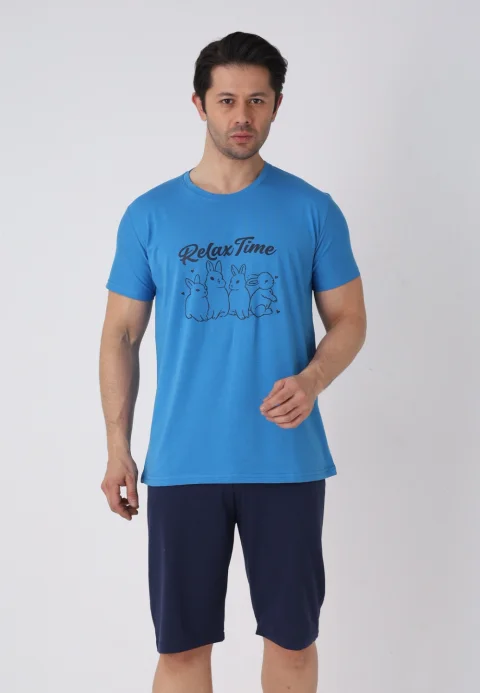 Pijama bărbați Paște, Albastru– tricou bumbac 100% și pantaloni 3/4