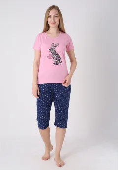 Pijama damă cu model de Paște, roz deschis – tricou bumbac și pantaloni 3/4