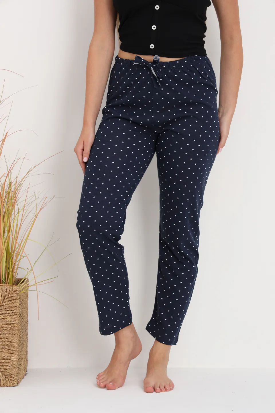 Pantaloni de pijama damă bleumarin cu puncte albe