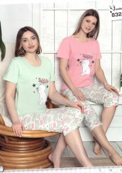 Pijama dama din bumbac, tricou verde cu imprimeu „Sleepy” și pantaloni 3/4 asortați
