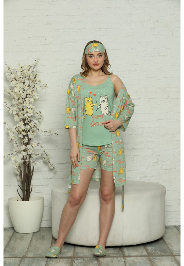 Pijama Dama din Bumbac – 3 piese cu Maiou „Happy Birthday” Pantaloni Scurti si Halat, Masca de Dormit, verde