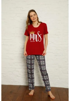Pijama dama din bumbac, tricou cu imprimeu ,,Mrs'' și pantaloni lungi asortați