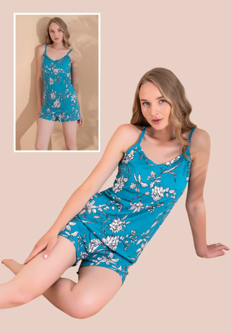 Pijama damă, 100% bumbac, maiou și short, imprimeu flori