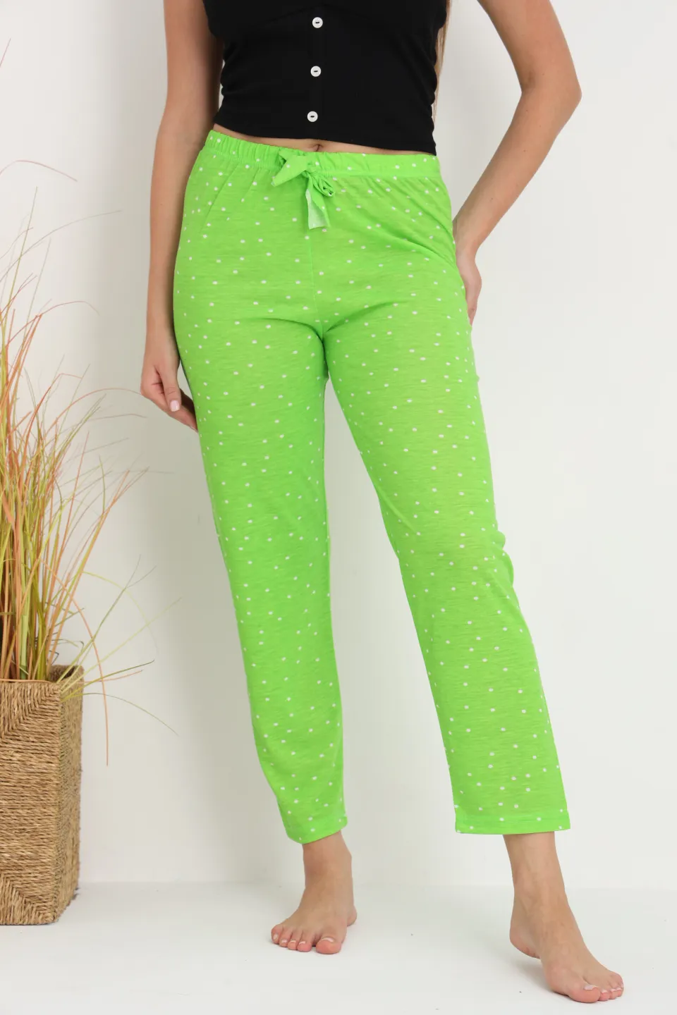 Pantaloni de pijama damă verde aprins cu puncte albe