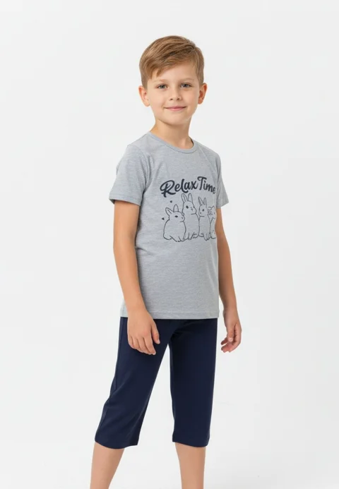 Pijama băieți Paște, gri – tricou bumbac 100% și pantaloni