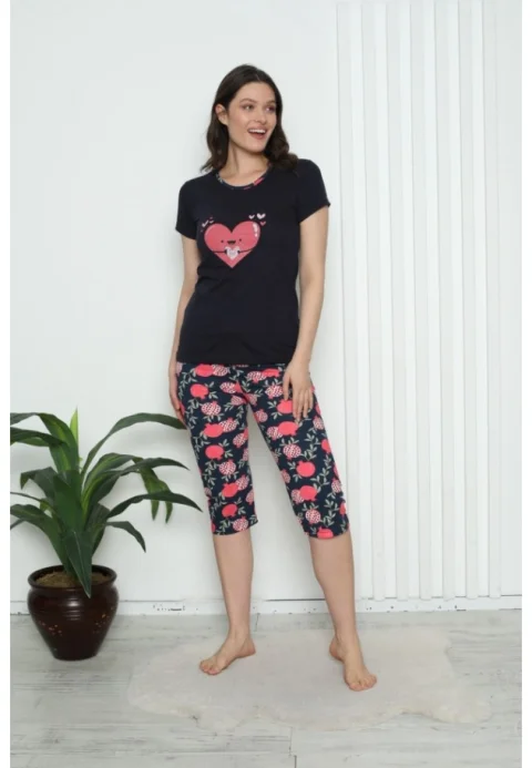 Pijama dama din bumbac cu imprimeu "Inima", maneca scurta si pantaloni 3/4, negru