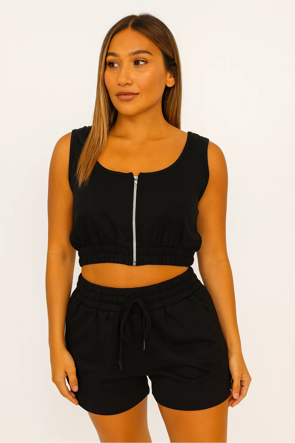 Compleu damă casual – set top scurt și pantaloni scurți, culoare negru