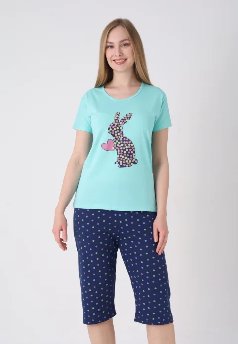 Pijama damă cu model de Paște, verde – tricou bumbac și pantaloni 3/4