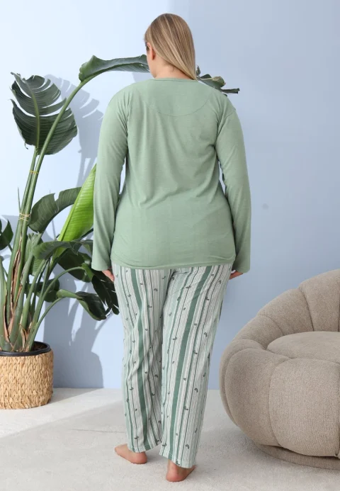 Pijama damă big size verde, imprimeu Awesome, 100% bumbac