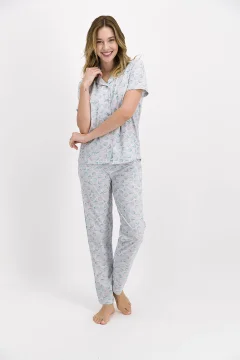 Pijamale dama cu bluza maneca scurta si pantaloni lungi, imprimeu scoici, culoare alb/blue