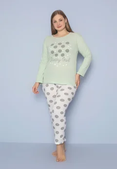 Pijama damă Big Size, bluza verde și pantaloni albi cu buline, mânecă lungă și pantaloni lungi