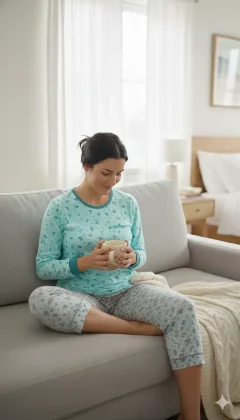 Pijama damă big size din bumbac mânecă lungă și pantaloni lungi