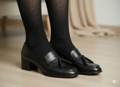 Șosete Penti damă Weave 60 DEN, negre, până la jumătatea tibiei, model raiat croșetat