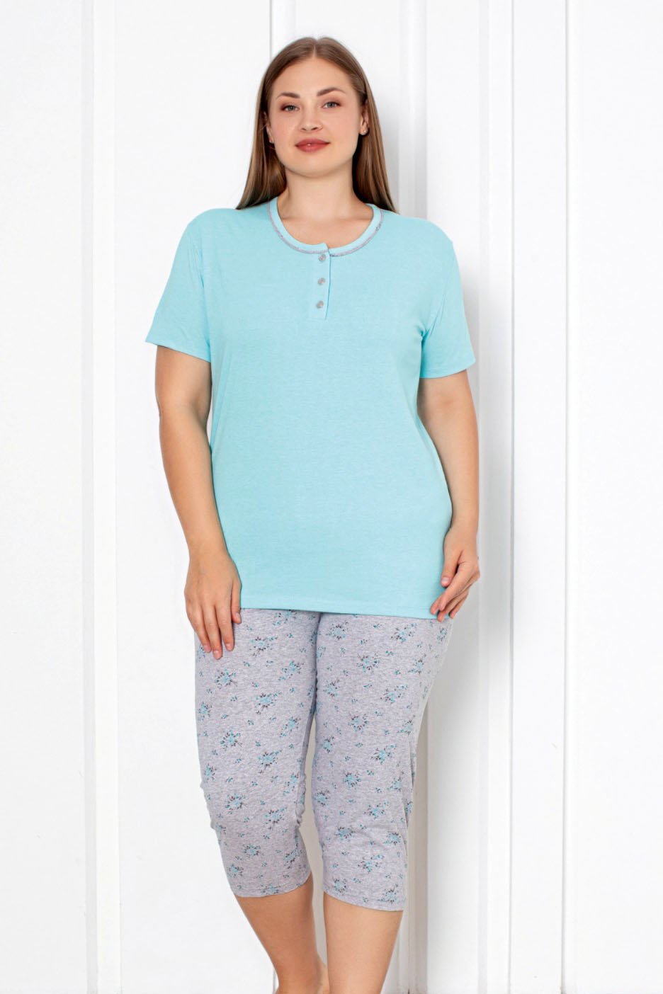 Pijamale Damă Big Size din Bumbac, Mâneca Scurtă Pantaloni 3/4, Turcoaz