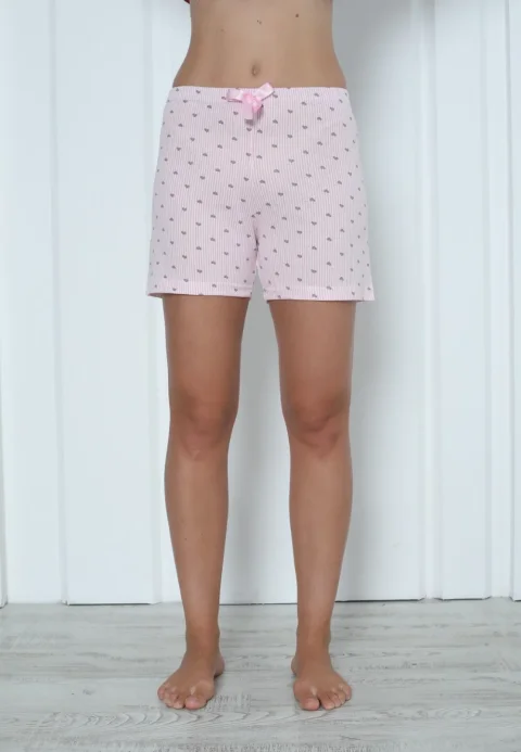 Short damă pijama din bumbac, roz, imprimeu inimi — imagine 1
