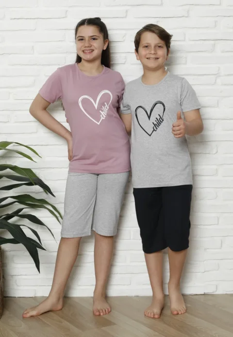 Pijama familie-copii, bumbac, mânecă scurtă și pantaloni 3/4, roz pudrat — imagine 2