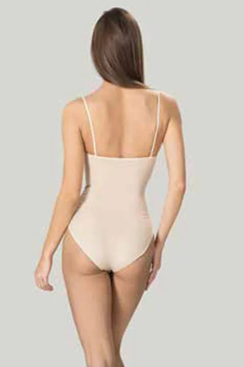 Body modelator dama cu bretele subtiri, material elastic si respirabil de culoare bej