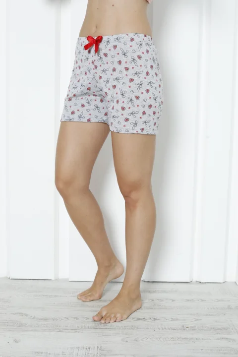 Short damă pijama din bumbac, gri, imprimeu inimi roșii — imagine 1