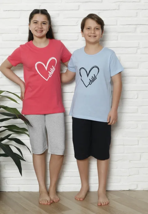 Pijama familie-copii, bumbac, mânecă scurtă și pantaloni 3/4, roz — imagine 2