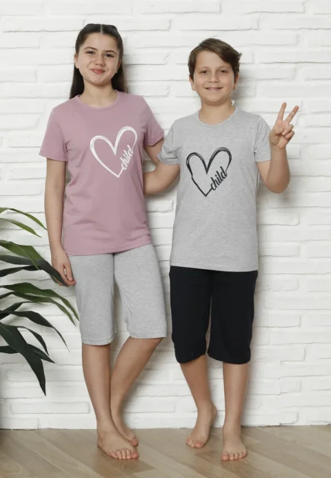 Pijama familie-copii, bumbac, mânecă scurtă și pantaloni 3/4, roz pudrat — imagine 1