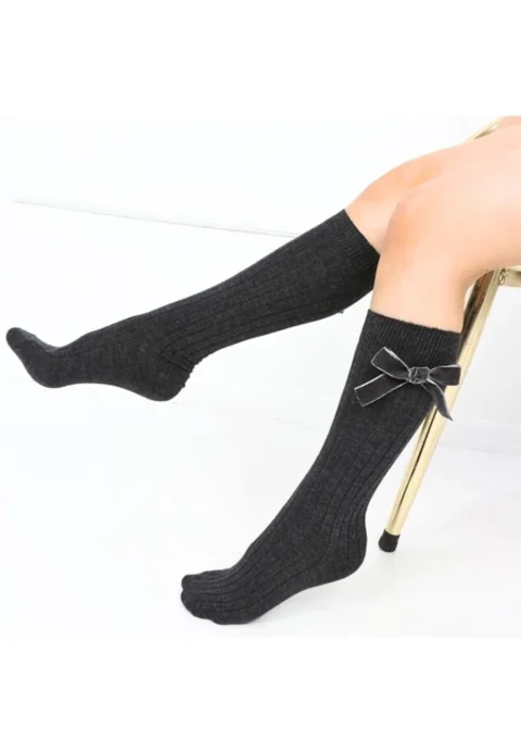 Șosete fetițe 3/4, bumbac, cu fundiță decorativă- culoare gri — imagine 1