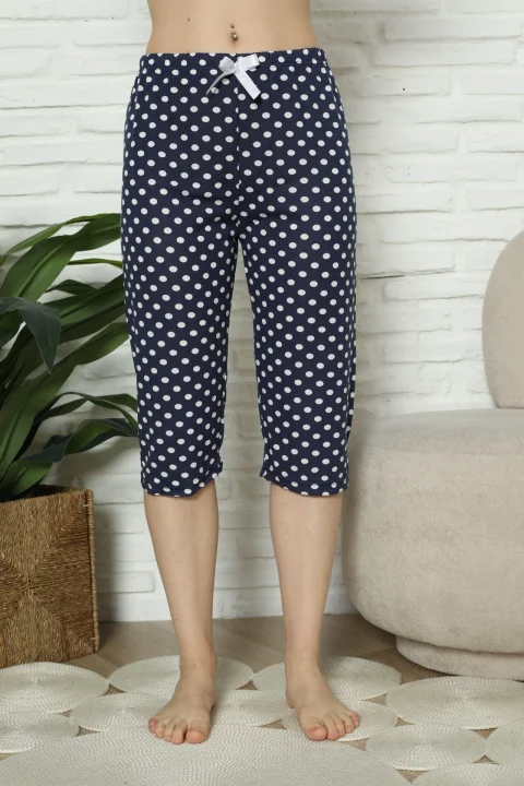 Pantaloni pijama damă 3/4, bleumarin, imprimeu buline