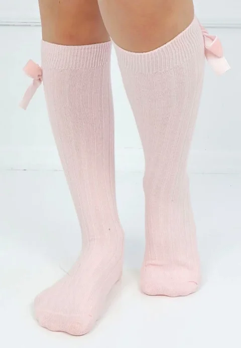 Șosete fetițe 3/4, bumbac, cu fundiță decorativă- culoare roz — imagine 1
