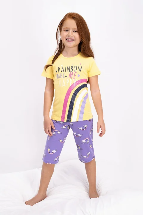 Pijama fetițe cu tricou și pantaloni trei sferturi, imprimeu curcubeu, Galben — imagine 1