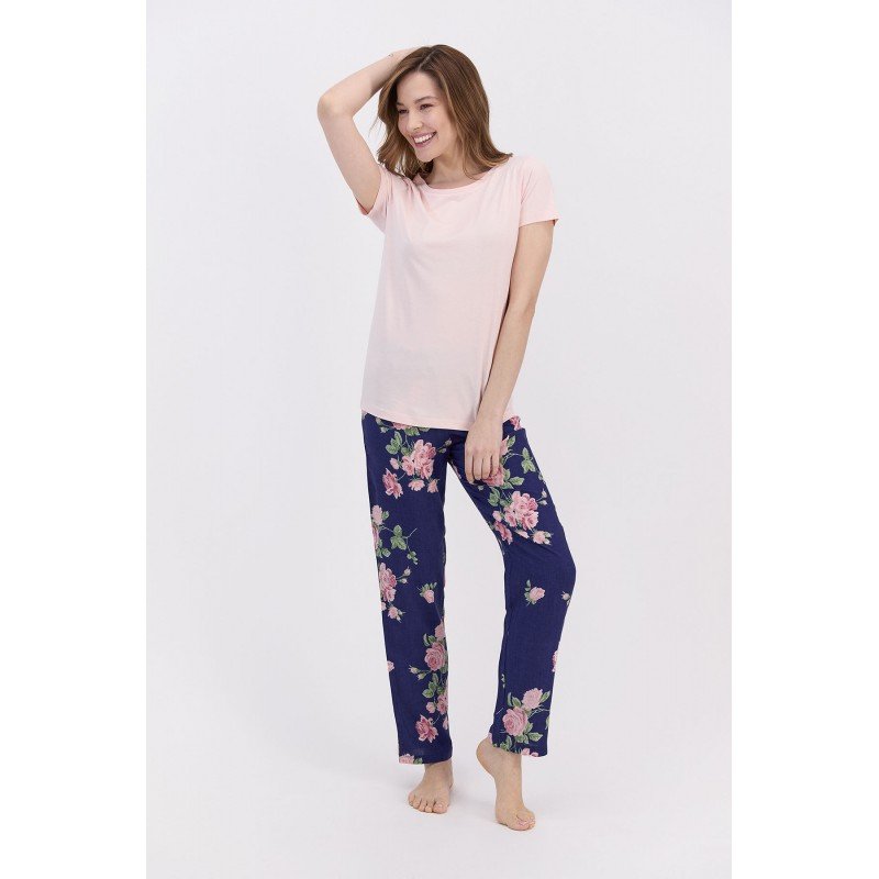 Pijama dama cu bluza maneca scurta si pantaloni lungi cu elastic in talie, imprimeu trandafiri