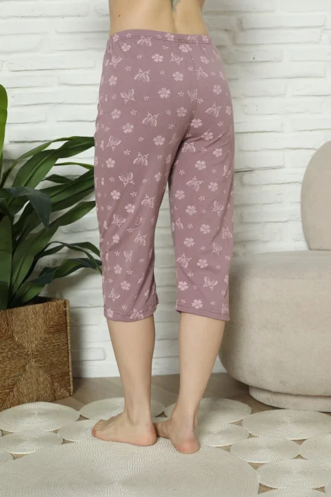Pantaloni pijama damă 3/4, mov, imprimeu flori
