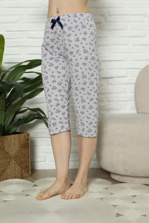Pantaloni pijama damă 3/4, gri, imprimeu flori